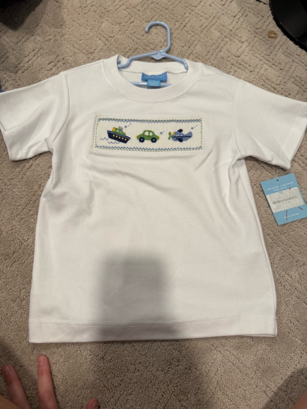 White Smocked Tee with Navy, Green & Blue Vehicle Motif - Kids